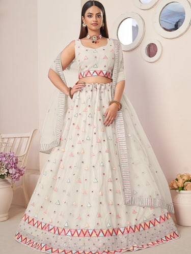 White Net Embellished Semi stitched Lehenga With Unstitched blouse Clothsvilla
