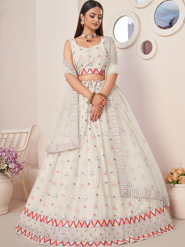 White Net Embellished Semi stitched Lehenga With Unstitched blouse Clothsvilla