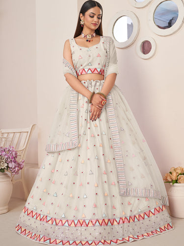 White Net Embellished Semi stitched Lehenga With Unstitched blouse Clothsvilla