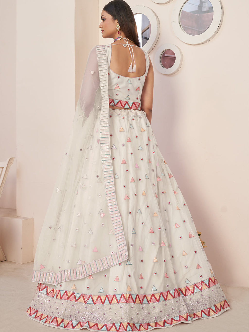 White Net Embellished Semi stitched Lehenga With Unstitched blouse Clothsvilla