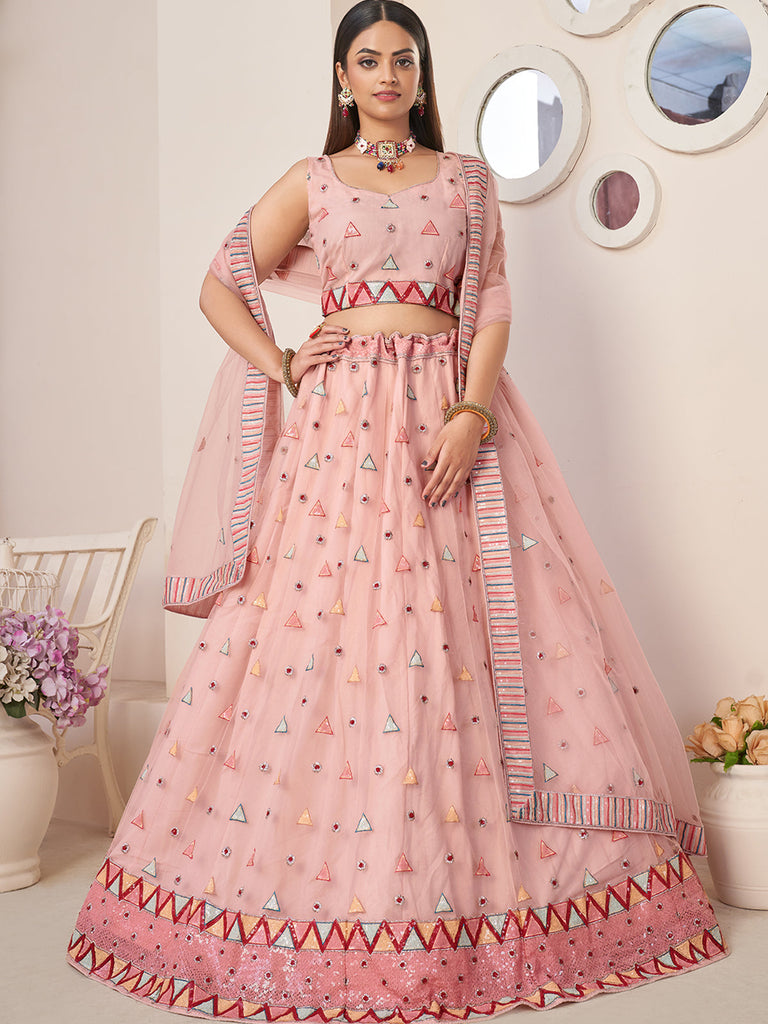 Pink Net Embellished Semi stitched Lehenga With Unstitched blouse Clothsvilla