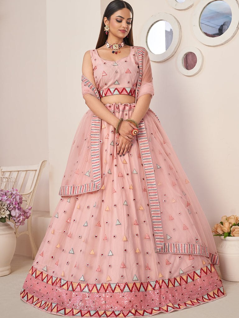 Pink Net Embellished Semi stitched Lehenga With Unstitched blouse Clothsvilla