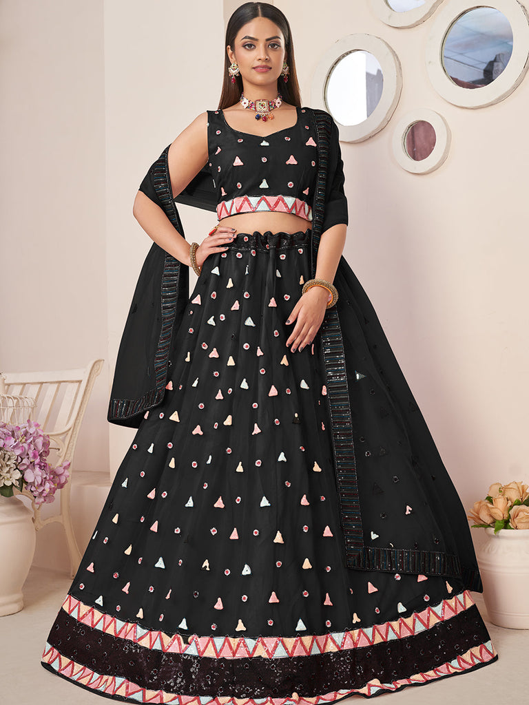 Black Net Embellished Semi stitched Lehenga With Unstitched blouse Clothsvilla