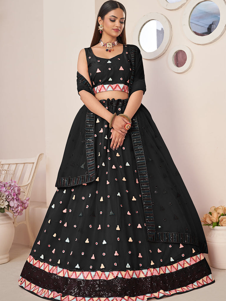 Black Net Embellished Semi stitched Lehenga With Unstitched blouse Clothsvilla