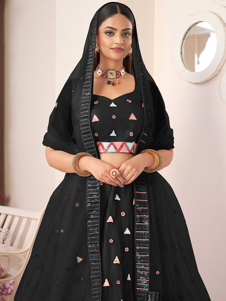 Black Net Embellished Semi stitched Lehenga With Unstitched blouse Clothsvilla