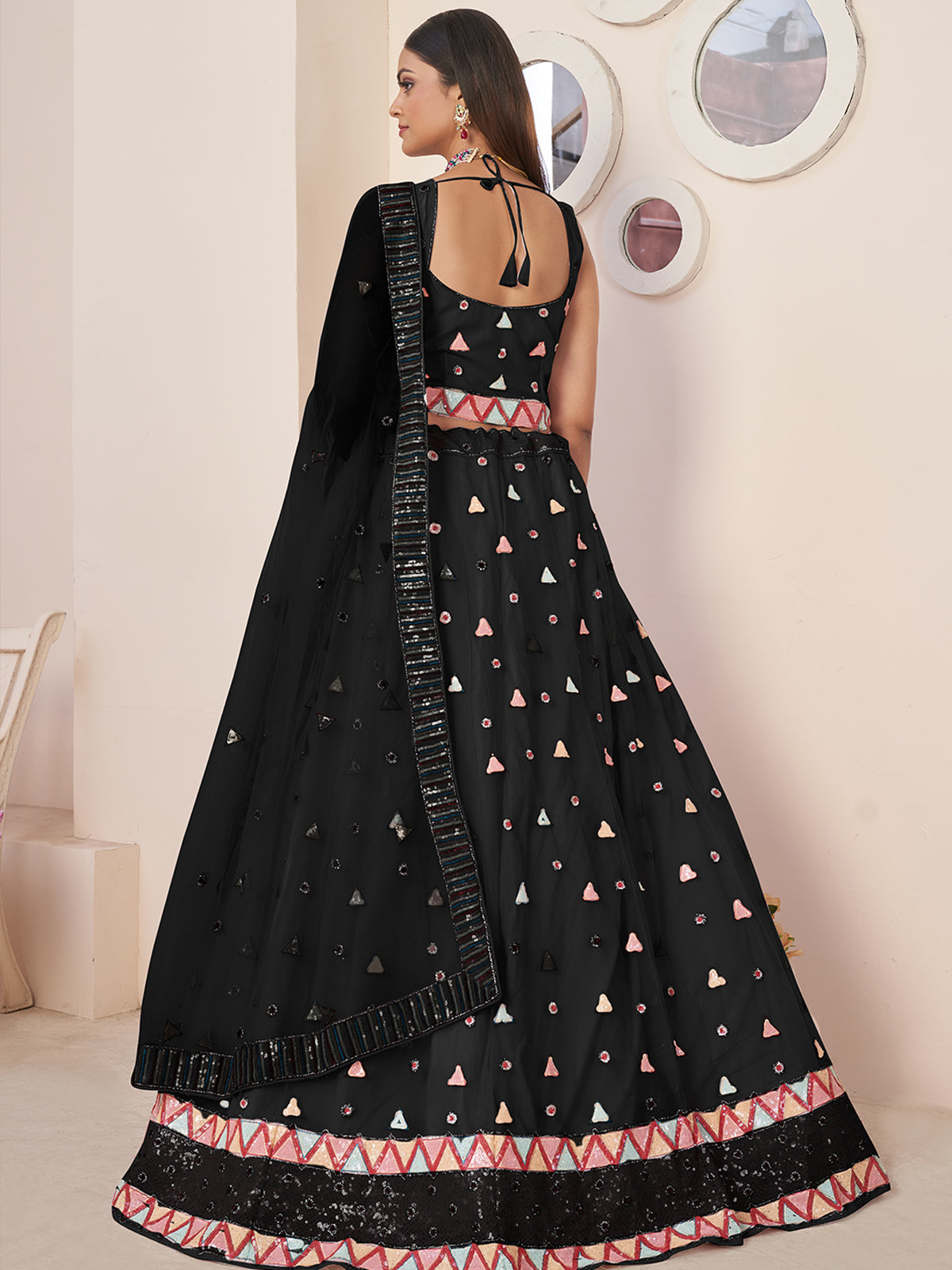 Black Net Embellished Semi stitched Lehenga With Unstitched blouse Clothsvilla