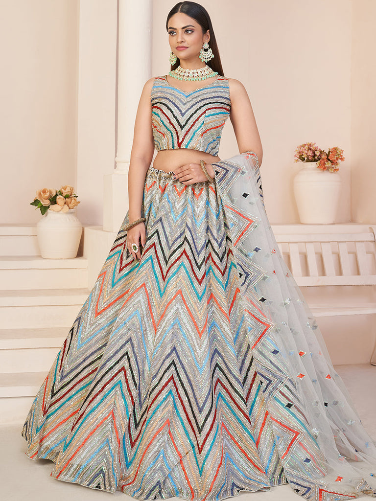 Grey Net Embroidered Semi stitched Lehenga With Unstitched blouse Clothsvilla