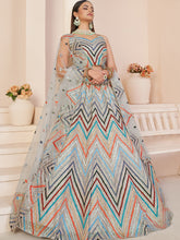 Load image into Gallery viewer, Grey Net Embroidered Semi stitched Lehenga With Unstitched blouse Clothsvilla