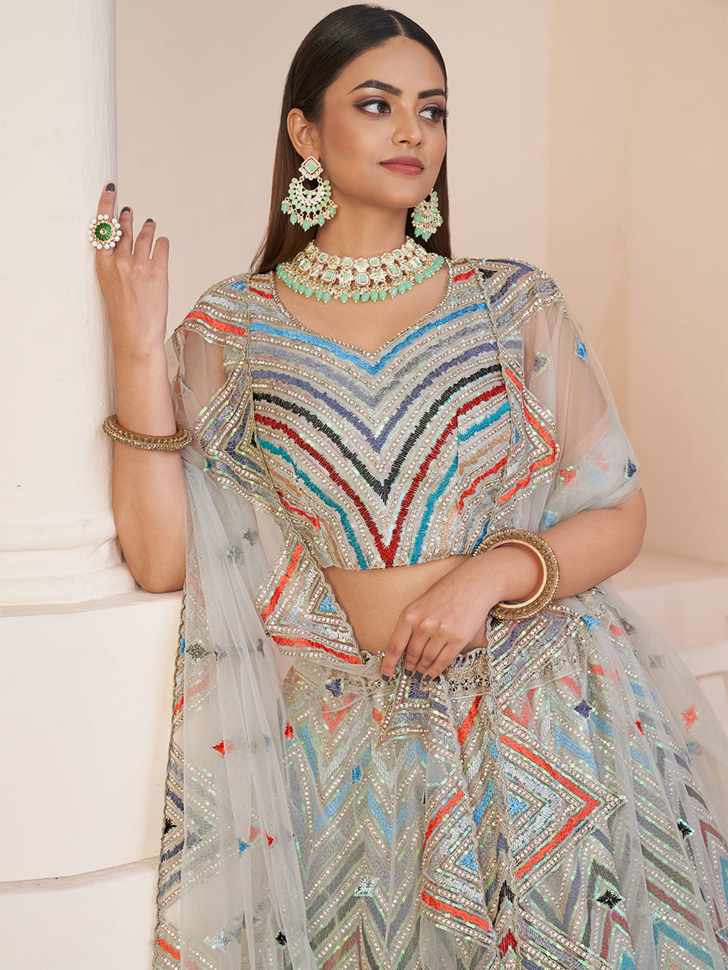 Grey Net Embroidered Semi stitched Lehenga With Unstitched blouse Clothsvilla