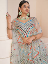 Load image into Gallery viewer, Grey Net Embroidered Semi stitched Lehenga With Unstitched blouse Clothsvilla