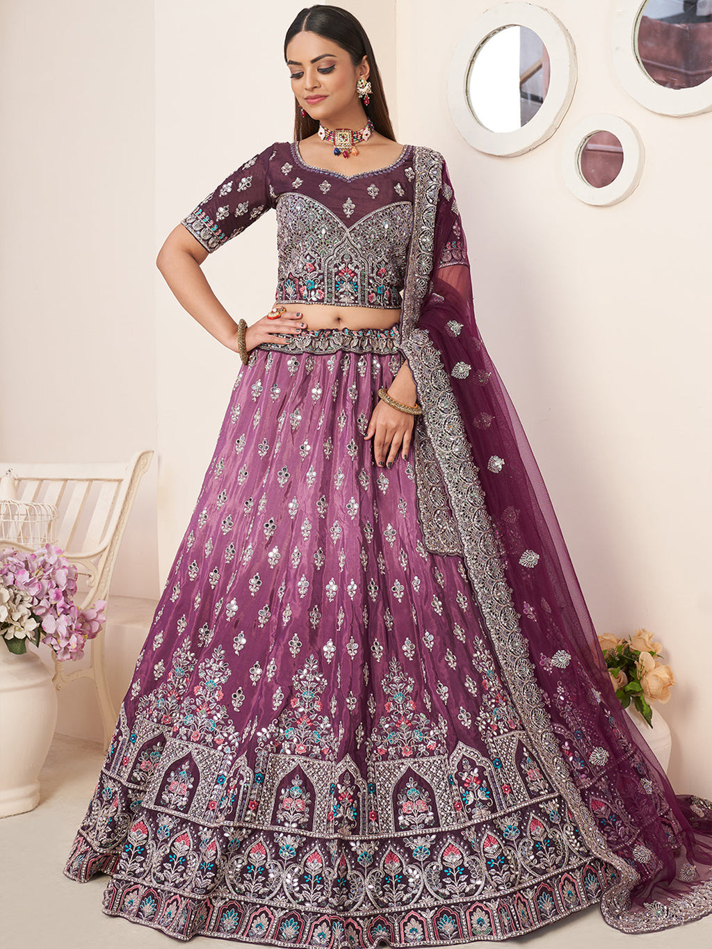 Wine Satin Embellished Semi stitched Lehenga With Unstitched blouse Clothsvilla