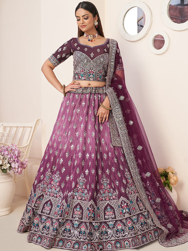 Wine Satin Embellished Semi stitched Lehenga With Unstitched blouse Clothsvilla