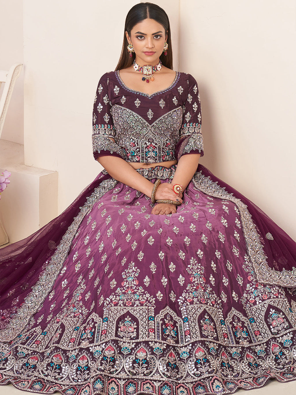 Wine Satin Embellished Semi stitched Lehenga With Unstitched blouse Clothsvilla