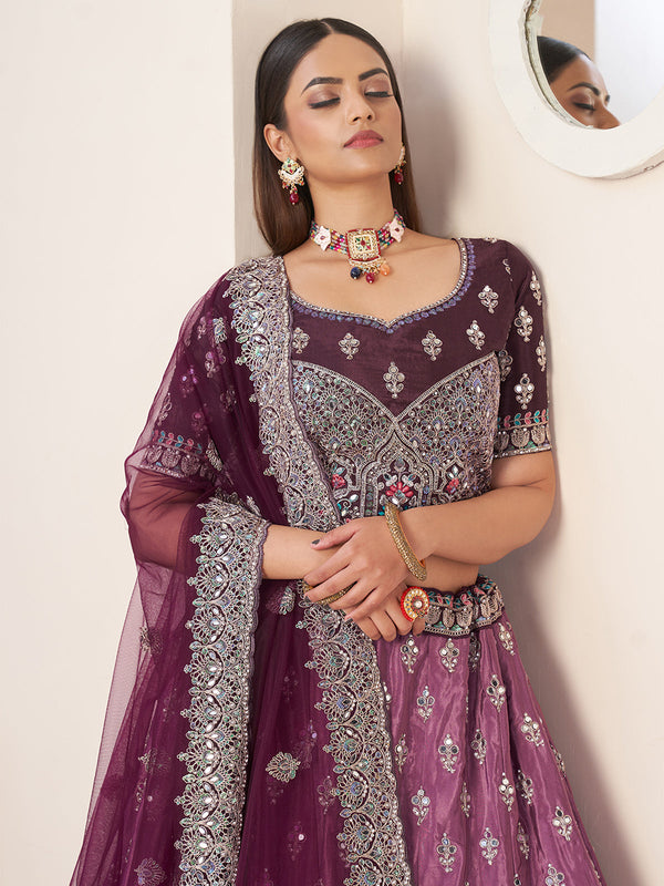 Wine Satin Embellished Semi stitched Lehenga With Unstitched blouse Clothsvilla