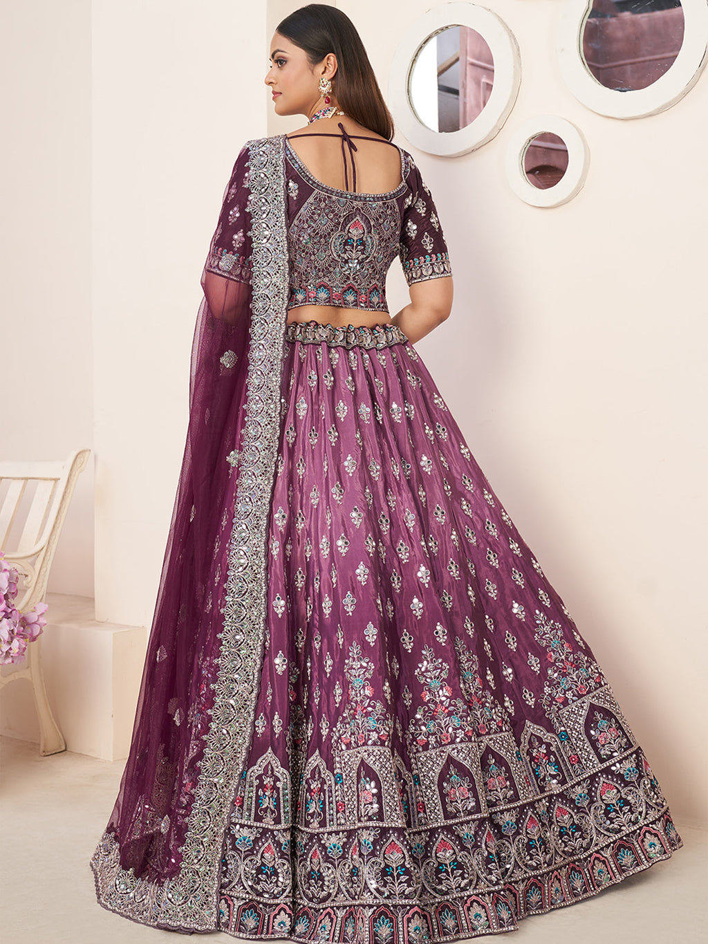 Wine Satin Embellished Semi stitched Lehenga With Unstitched blouse Clothsvilla