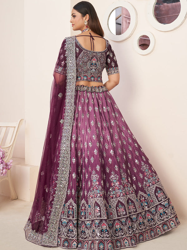 Wine Satin Embellished Semi stitched Lehenga With Unstitched blouse Clothsvilla