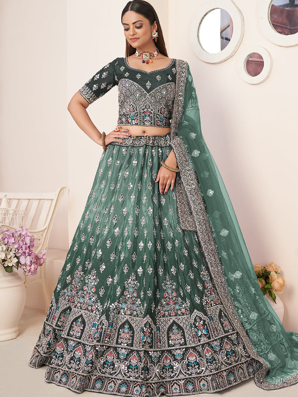 Green Satin Embellished Semi stitched Lehenga With Unstitched blouse Clothsvilla