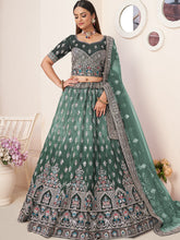 Load image into Gallery viewer, Green Satin Embellished Semi stitched Lehenga With Unstitched blouse Clothsvilla