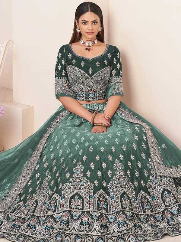Green Satin Embellished Semi stitched Lehenga With Unstitched blouse Clothsvilla