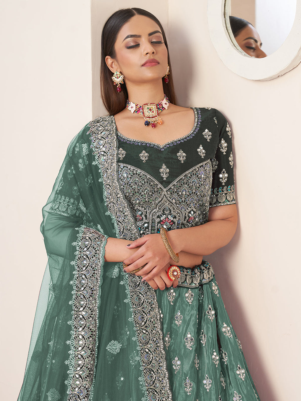 Green Satin Embellished Semi stitched Lehenga With Unstitched blouse Clothsvilla