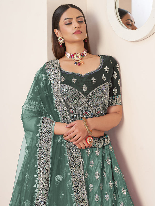 Green Satin Embellished Semi stitched Lehenga With Unstitched blouse Clothsvilla