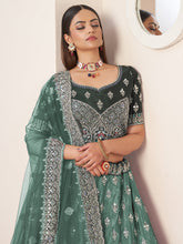 Load image into Gallery viewer, Green Satin Embellished Semi stitched Lehenga With Unstitched blouse Clothsvilla