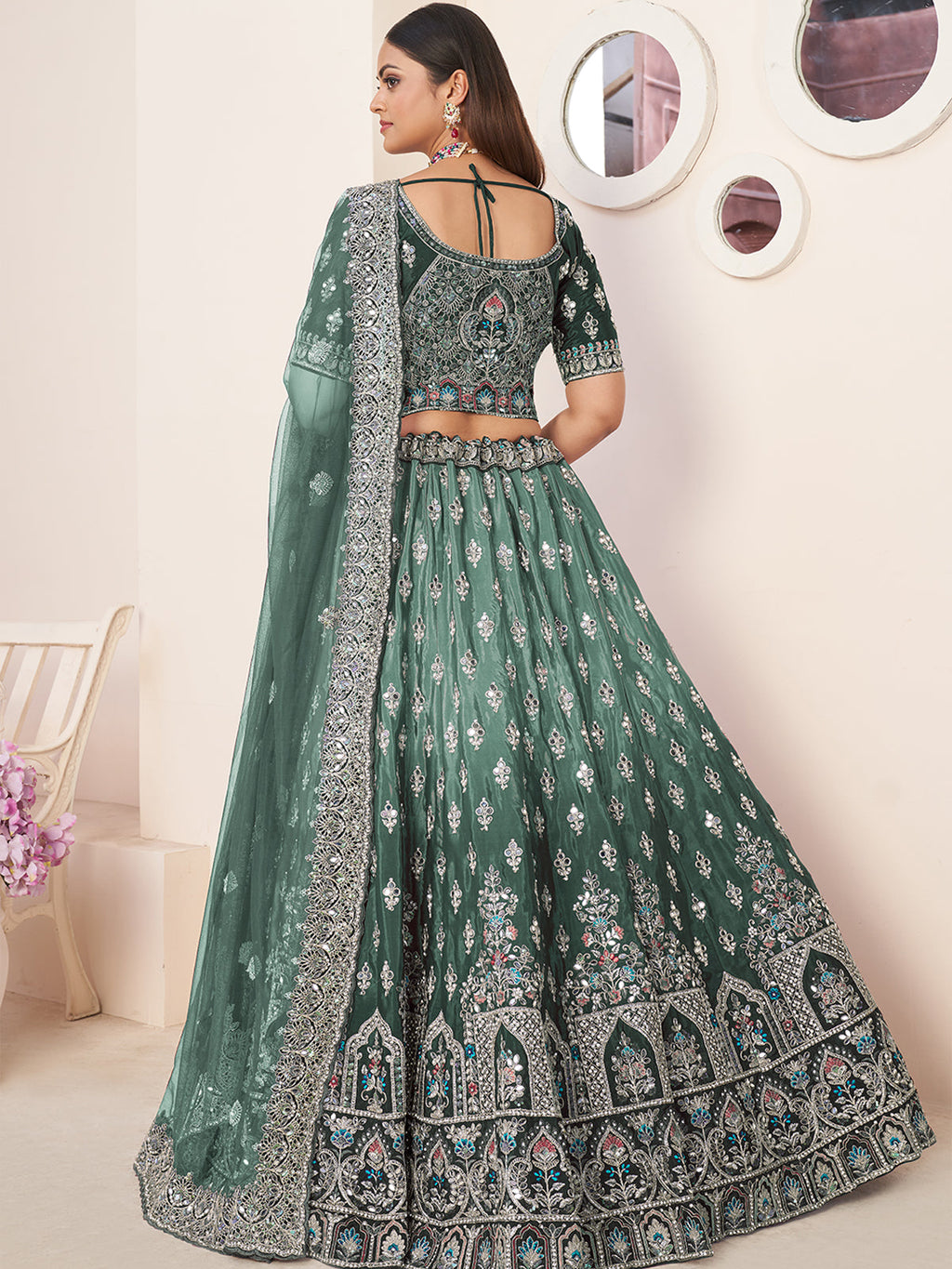 Green Satin Embellished Semi stitched Lehenga With Unstitched blouse Clothsvilla