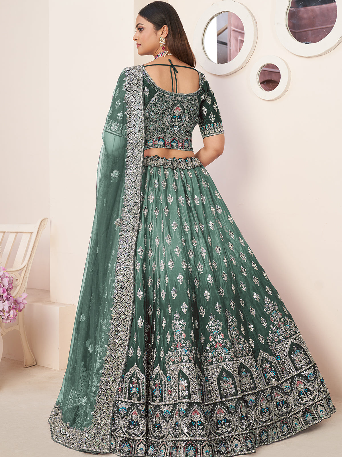 Green Satin Embellished Semi stitched Lehenga With Unstitched blouse Clothsvilla