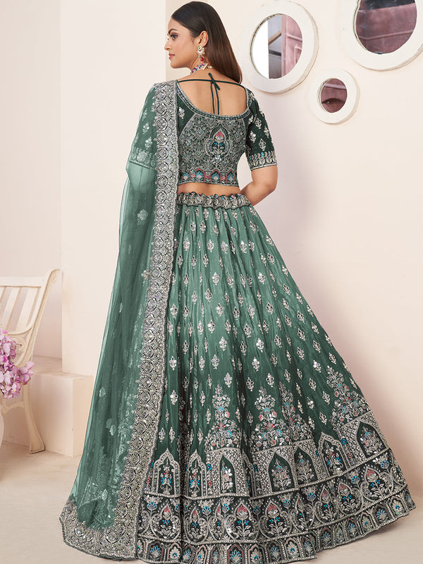 Green Satin Embellished Semi stitched Lehenga With Unstitched blouse Clothsvilla