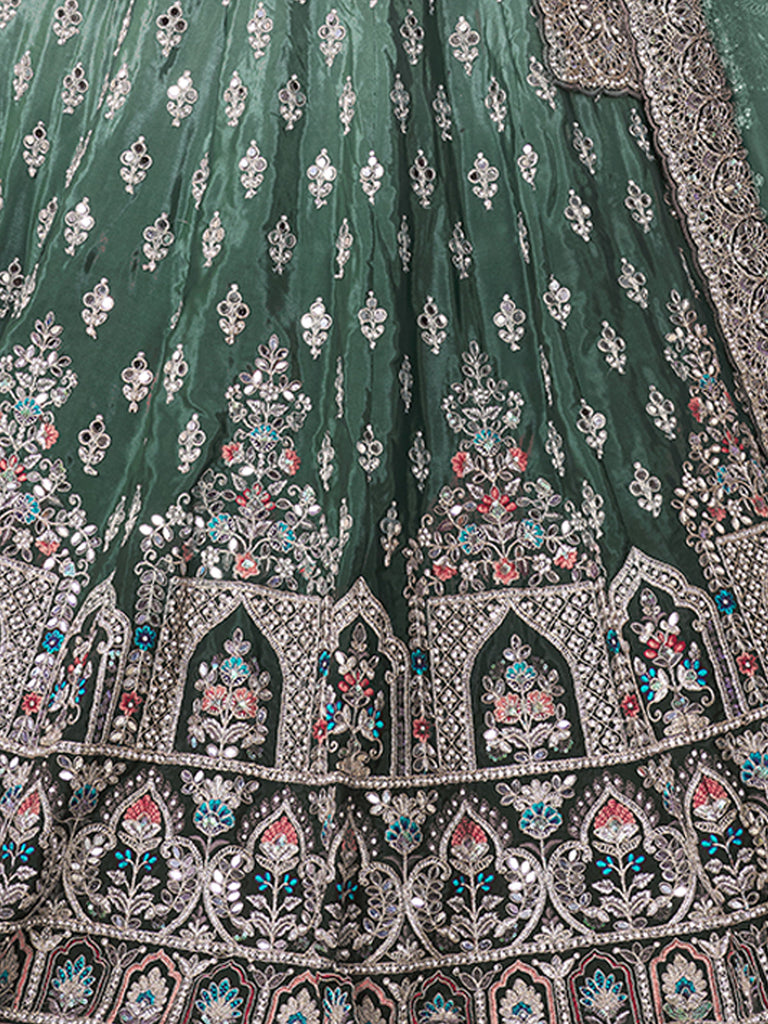 Green Satin Embellished Semi stitched Lehenga With Unstitched blouse Clothsvilla