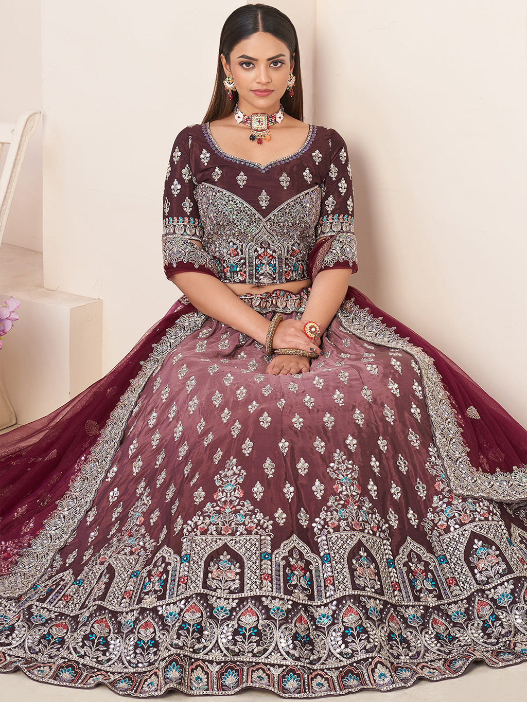 Maroon Satin Embellished Semi stitched Lehenga With Unstitched blouse Clothsvilla