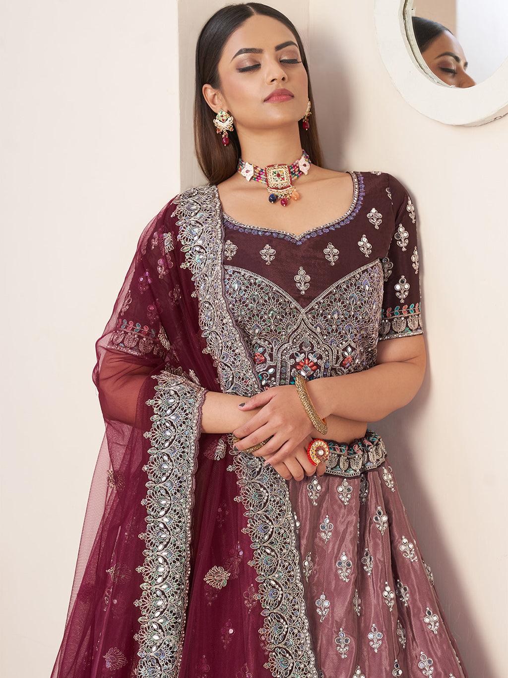 Maroon Satin Embellished Semi stitched Lehenga With Unstitched blouse Clothsvilla