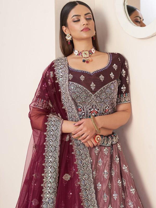 Maroon Satin Embellished Semi stitched Lehenga With Unstitched blouse Clothsvilla