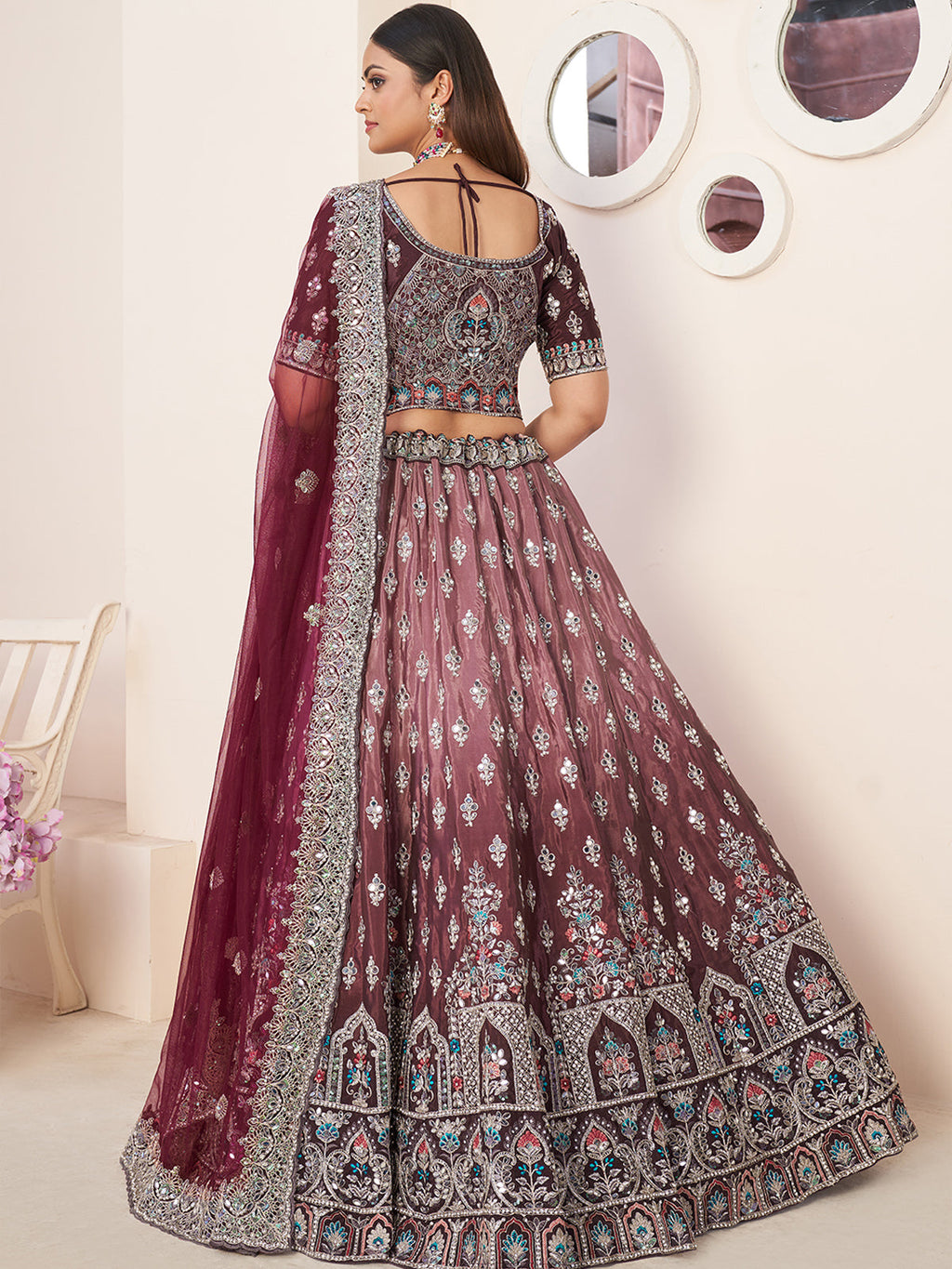 Maroon Satin Embellished Semi stitched Lehenga With Unstitched blouse Clothsvilla