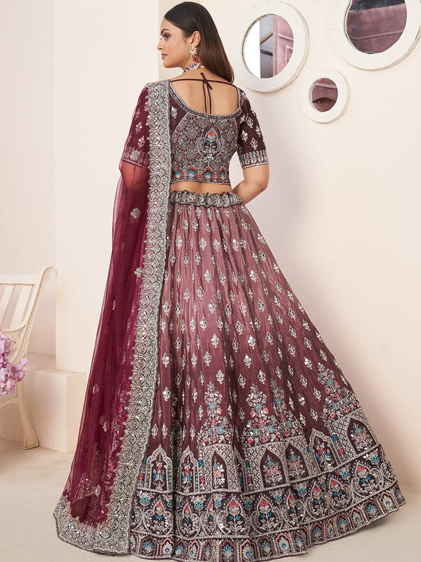 Maroon Satin Embellished Semi stitched Lehenga With Unstitched blouse Clothsvilla