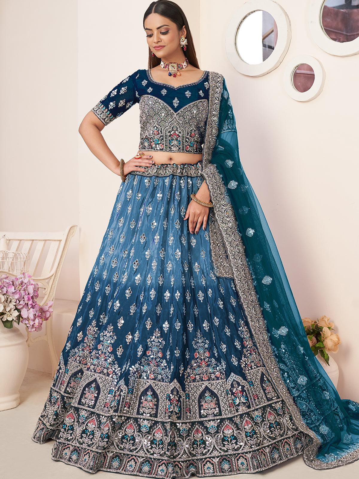 Blue Satin Embellished Semi stitched Lehenga With Unstitched blouse Clothsvilla
