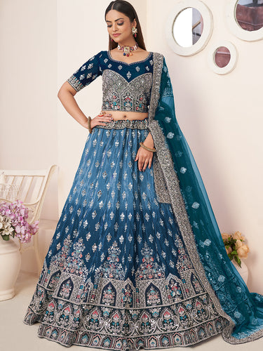 Blue Satin Embellished Semi stitched Lehenga With Unstitched blouse Clothsvilla
