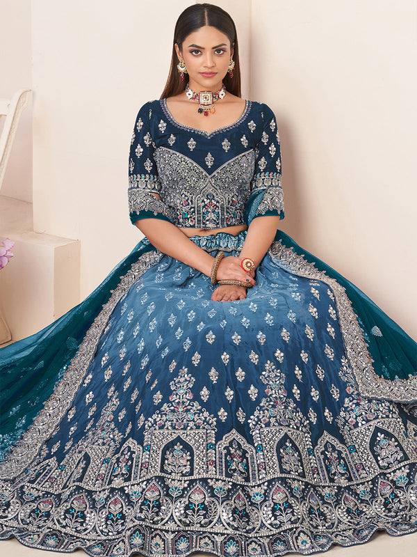 Blue Satin Embellished Semi stitched Lehenga With Unstitched blouse Clothsvilla