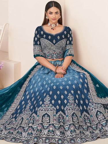 Blue Satin Embellished Semi stitched Lehenga With Unstitched blouse Clothsvilla