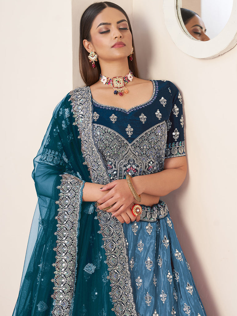 Blue Satin Embellished Semi stitched Lehenga With Unstitched blouse Clothsvilla