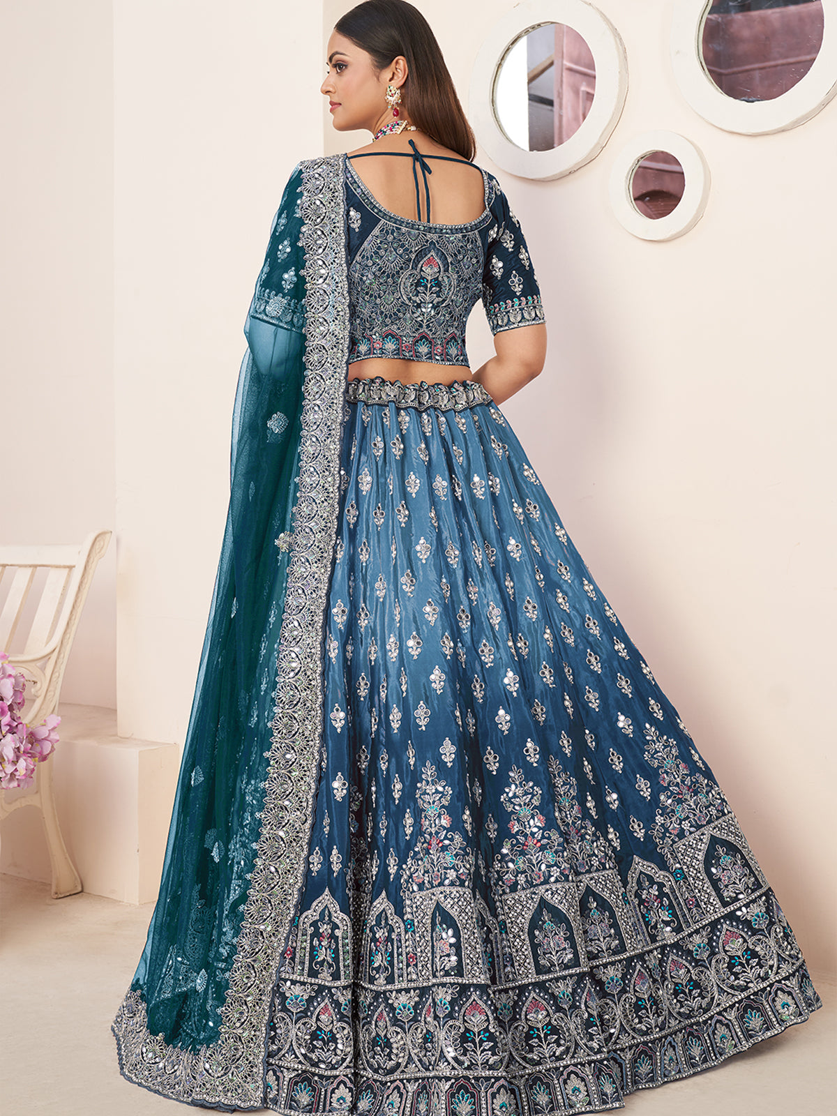 Blue Satin Embellished Semi stitched Lehenga With Unstitched blouse Clothsvilla