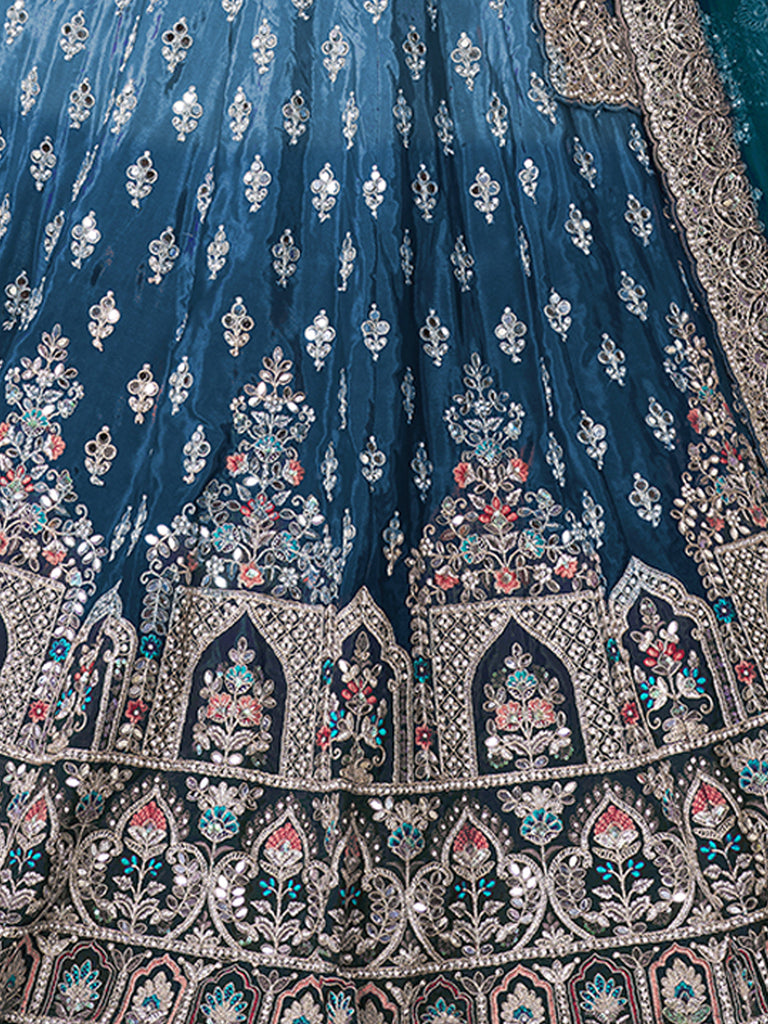Blue Satin Embellished Semi stitched Lehenga With Unstitched blouse Clothsvilla