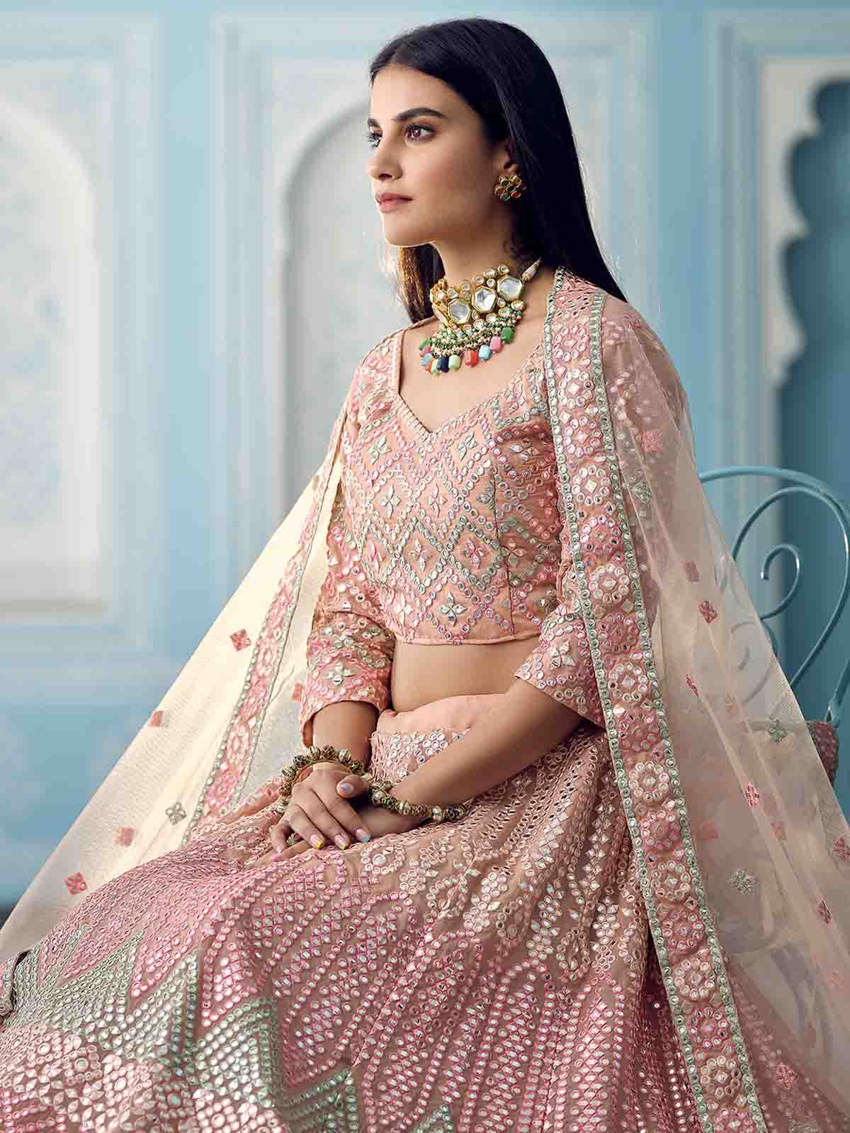 Beautiful Peach Semi Stitched Lehenga With  Unstitched Blouse Clothsvilla