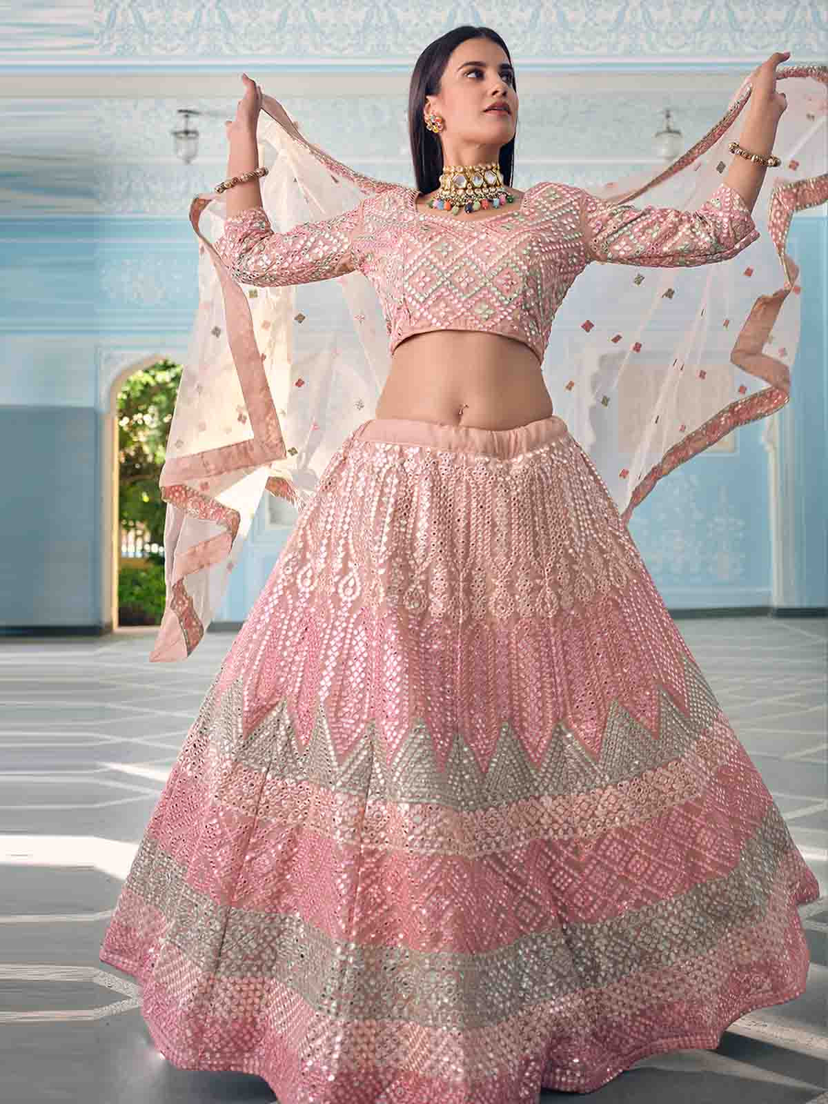 Beautiful Peach Semi Stitched Lehenga With  Unstitched Blouse Clothsvilla