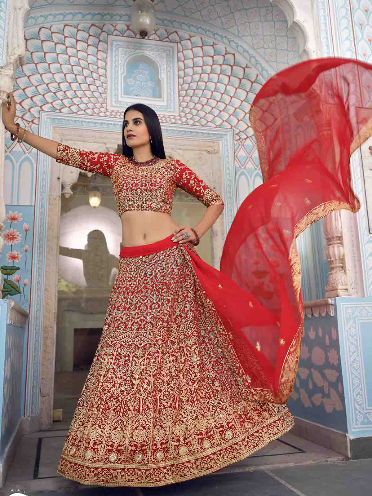 Beautiful Red Semi Stitched Lehenga With  Unstitched Blouse Clothsvilla