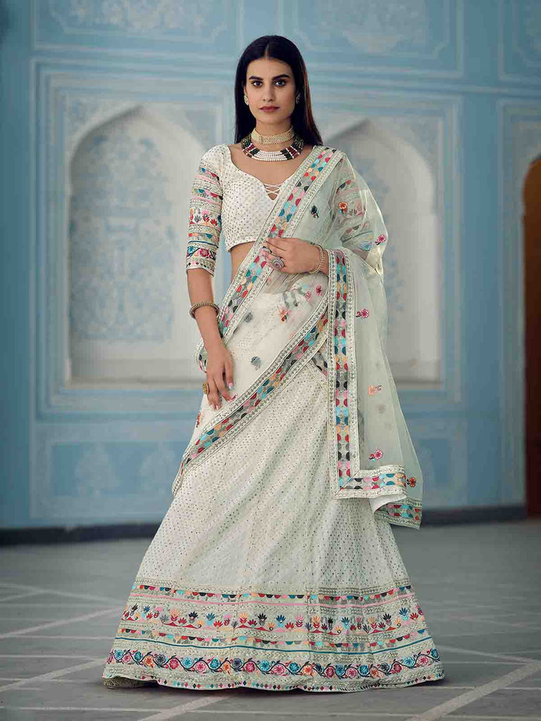 Designer White Semi Stitched Lehenga With  Unstitched Blouse Clothsvilla