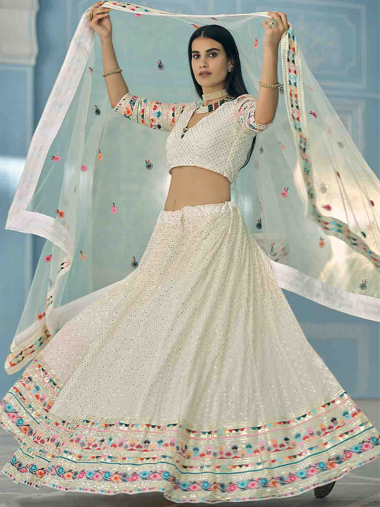 Designer White Semi Stitched Lehenga With  Unstitched Blouse Clothsvilla