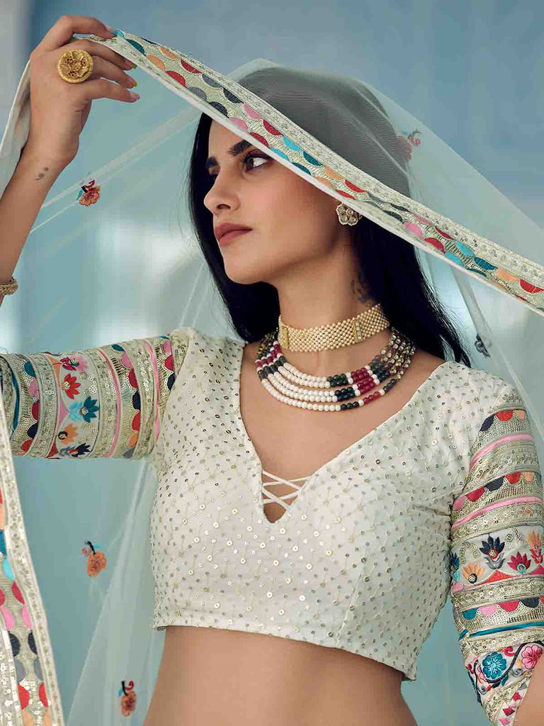 Designer White Semi Stitched Lehenga With  Unstitched Blouse Clothsvilla