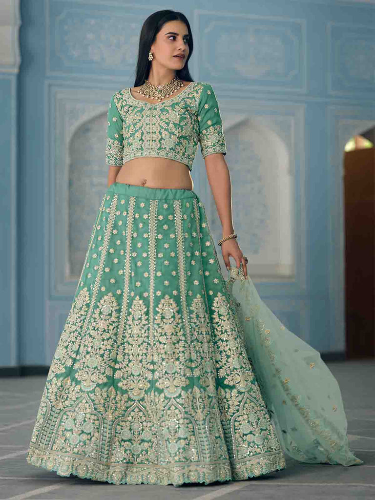 Green Sequins Sassy Semi Stitched Lehenga With  Unstitched Blouse Clothsvilla