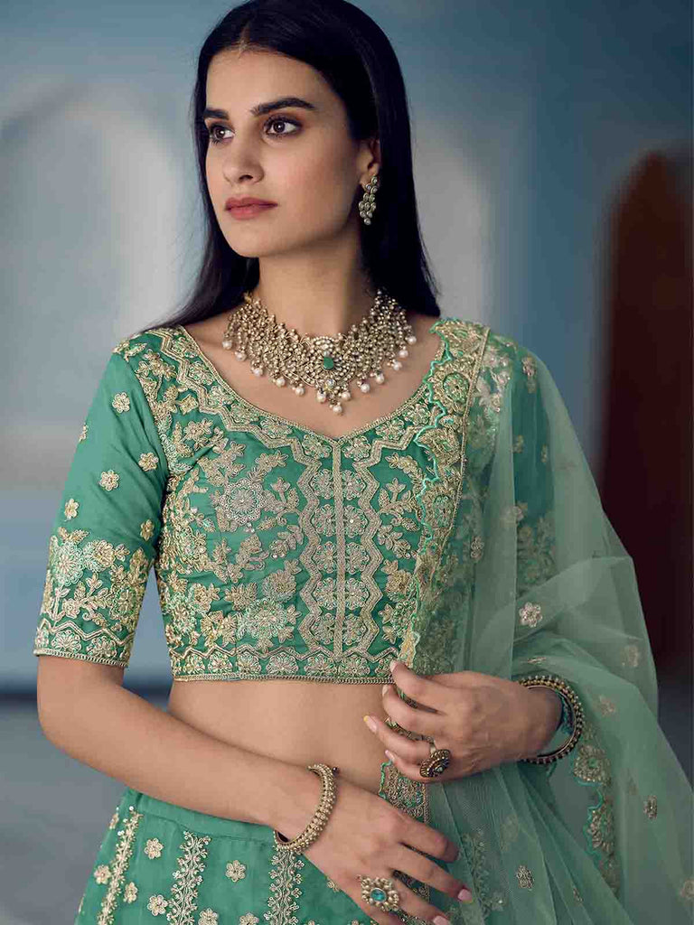 Green Sequins Sassy Semi Stitched Lehenga With  Unstitched Blouse Clothsvilla